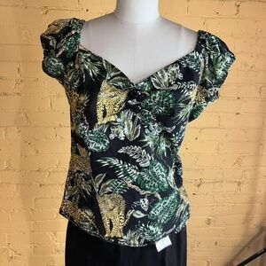 Women's Black and Green Leopard Print Top